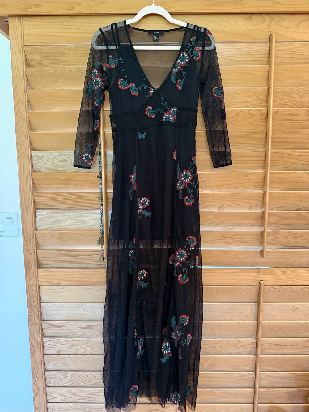 Forever 21 Black Sheer Maxi Dress with Red and Green Floral Embroidery